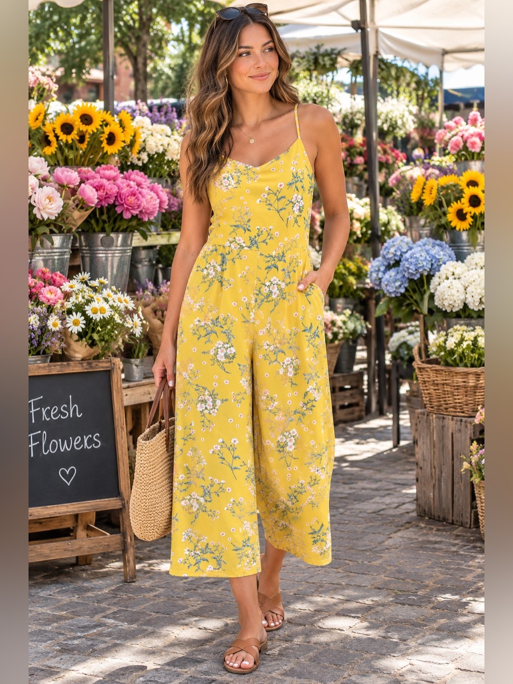 Old Navy Yellow Floral Cropped Jumpsuit with Adjustable Straps